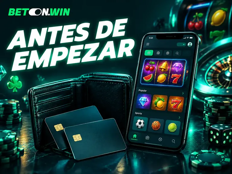 Ilustración de Bet On Win: celular con el lobby, una billetera y tarjetas, con la frase «Antes de empezar»