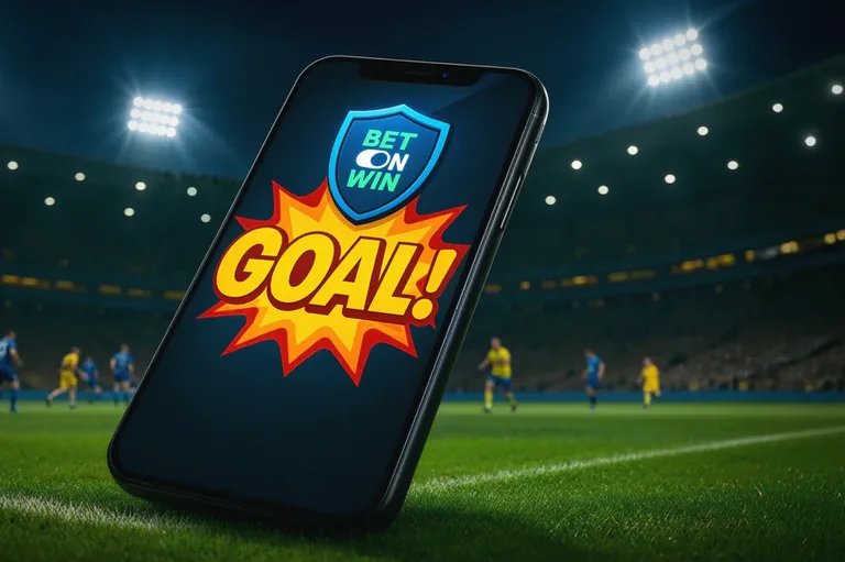 Ilustración de Bet On Win app: celular con el logo y la palabra GOAL! frente a un estadio de fútbol