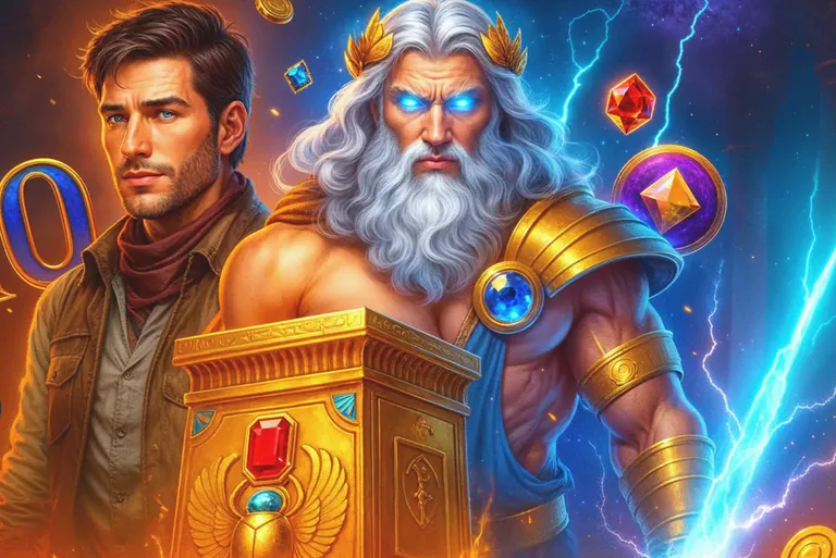 Ilustración del casino Bet On Win: Zeus, un aventurero y un cofre dorado con gemas, al estilo de las tragamonedas