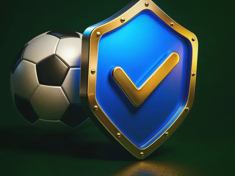 Ilustración sobre la confiabilidad de Bet On Win: escudo azul con una marca de verificación junto a una pelota de fútbol