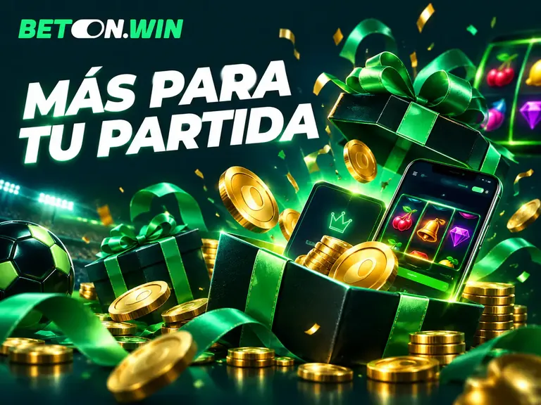 Ilustración de Bet On Win: cajas de regalo verdes y monedas con la frase «Más para tu partida»