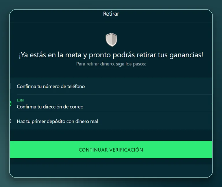 Pantalla «Retirar» de Bet On Win: pasos previos al primer retiro de dinero