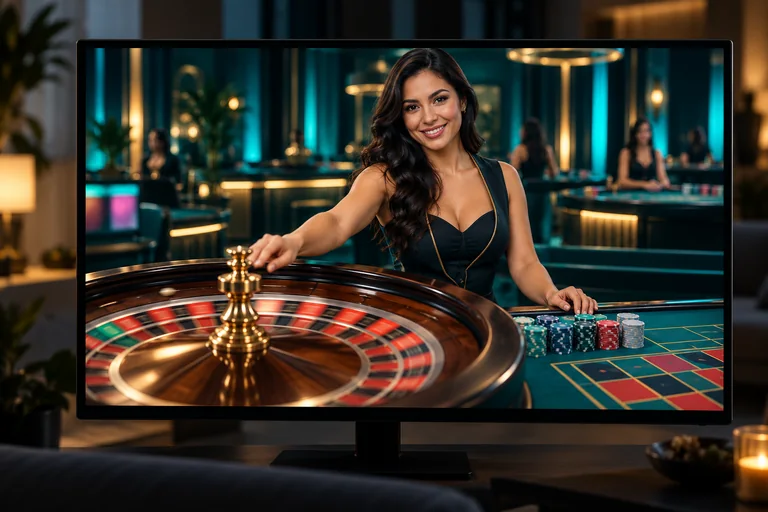 Casino en vivo Bet On Win: crupier en una mesa de ruleta transmitida en la pantalla