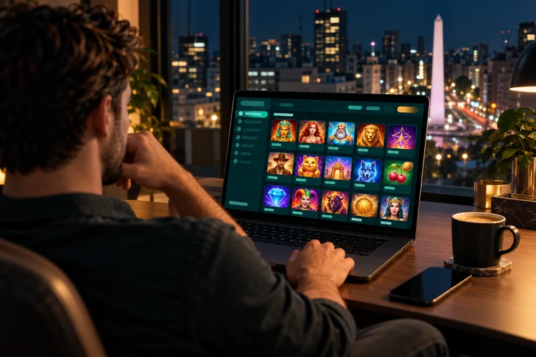 Bet On Win casino en la laptop: una sesión de tragamonedas de noche, con la ciudad de fondo