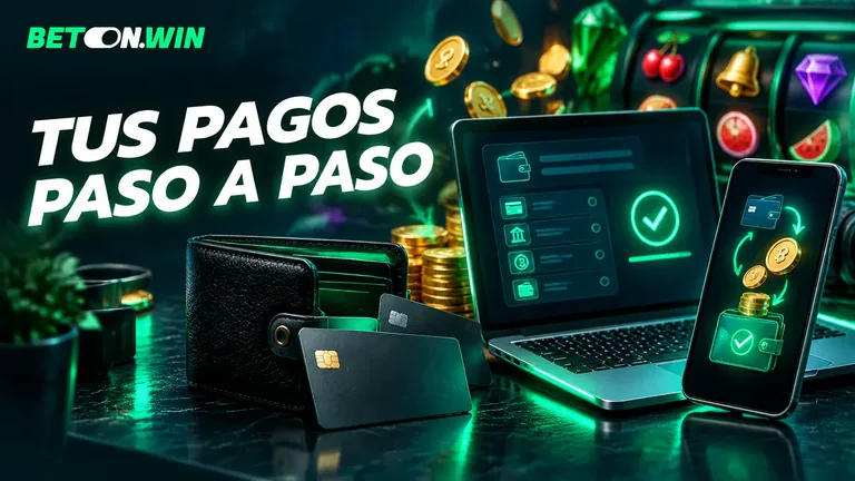 Ilustración de los métodos de pago Bet On Win paso a paso: notebook y celular con una tilde de pago confirmado