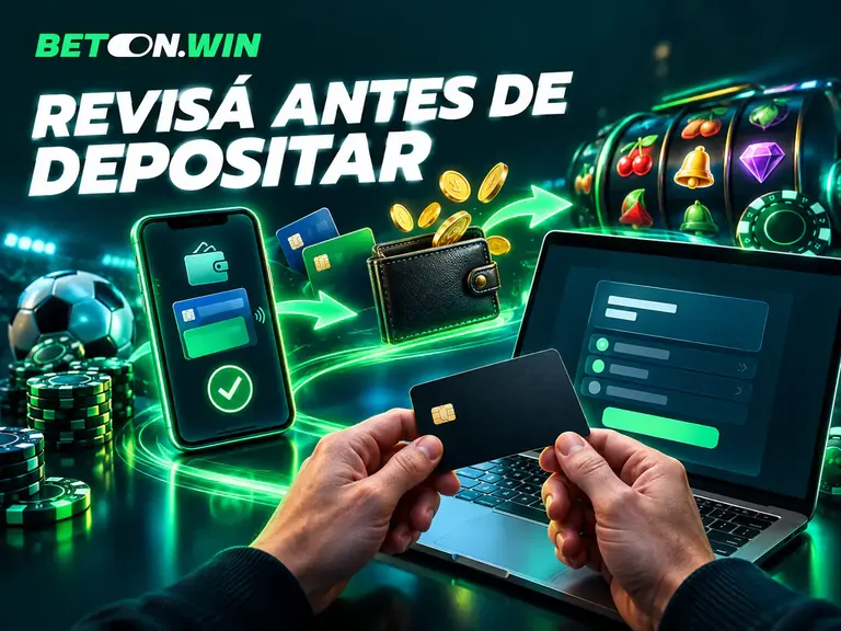 Ilustración sobre cómo revisar los métodos de pago Bet On Win antes de depositar: manos con una tarjeta frente a una notebook