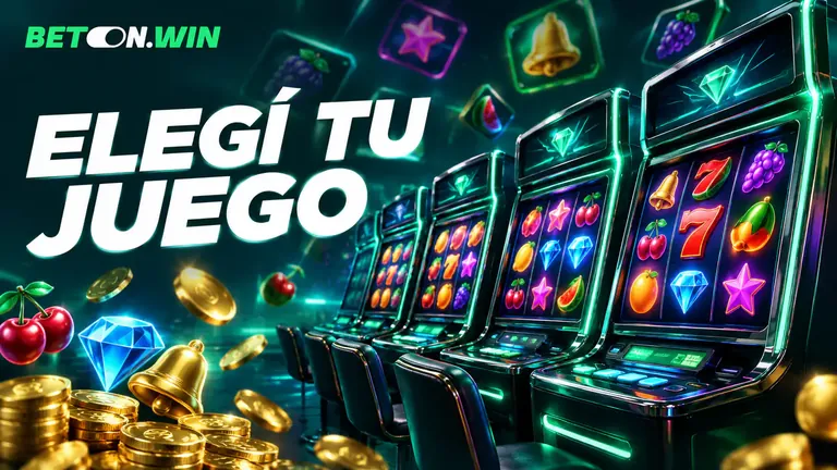 Ilustración de Bet On Win: fila de tragamonedas con la frase «Elegí tu juego»